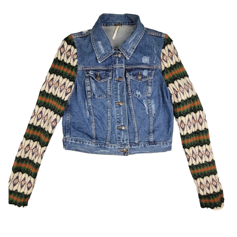 Free People Jacket‎ Cypress Farm Denim  with Patch and Wool Knit Sleeves Size SP
